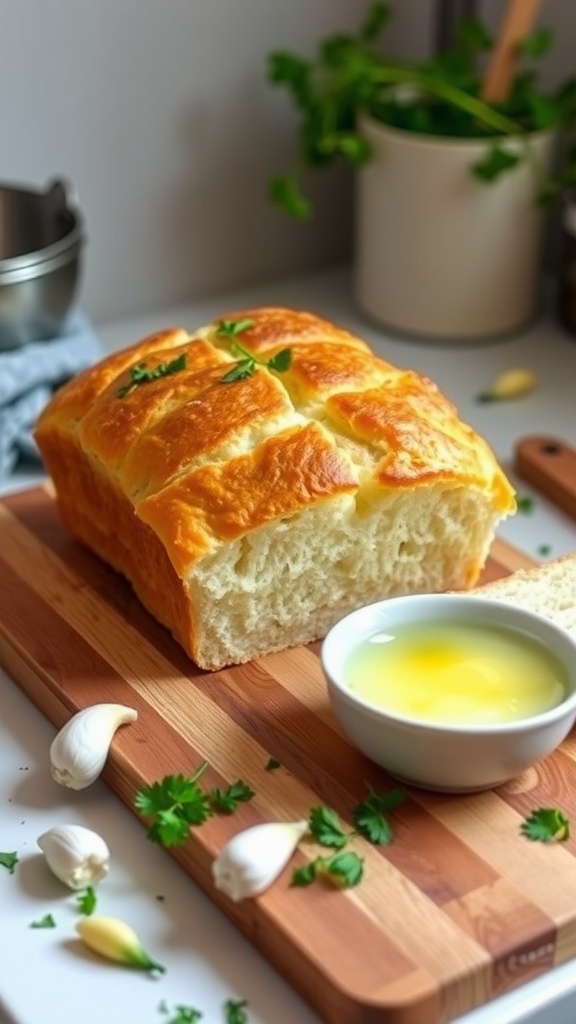 A loaf of garlic butter quick bread, sliced to show its fluffy texture, with a dish of melted butter and garlic cloves.